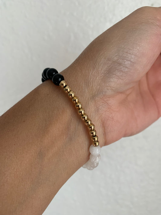 Rainbow Moonstone + Obsidian Bracelet with Gold-Filled Accents