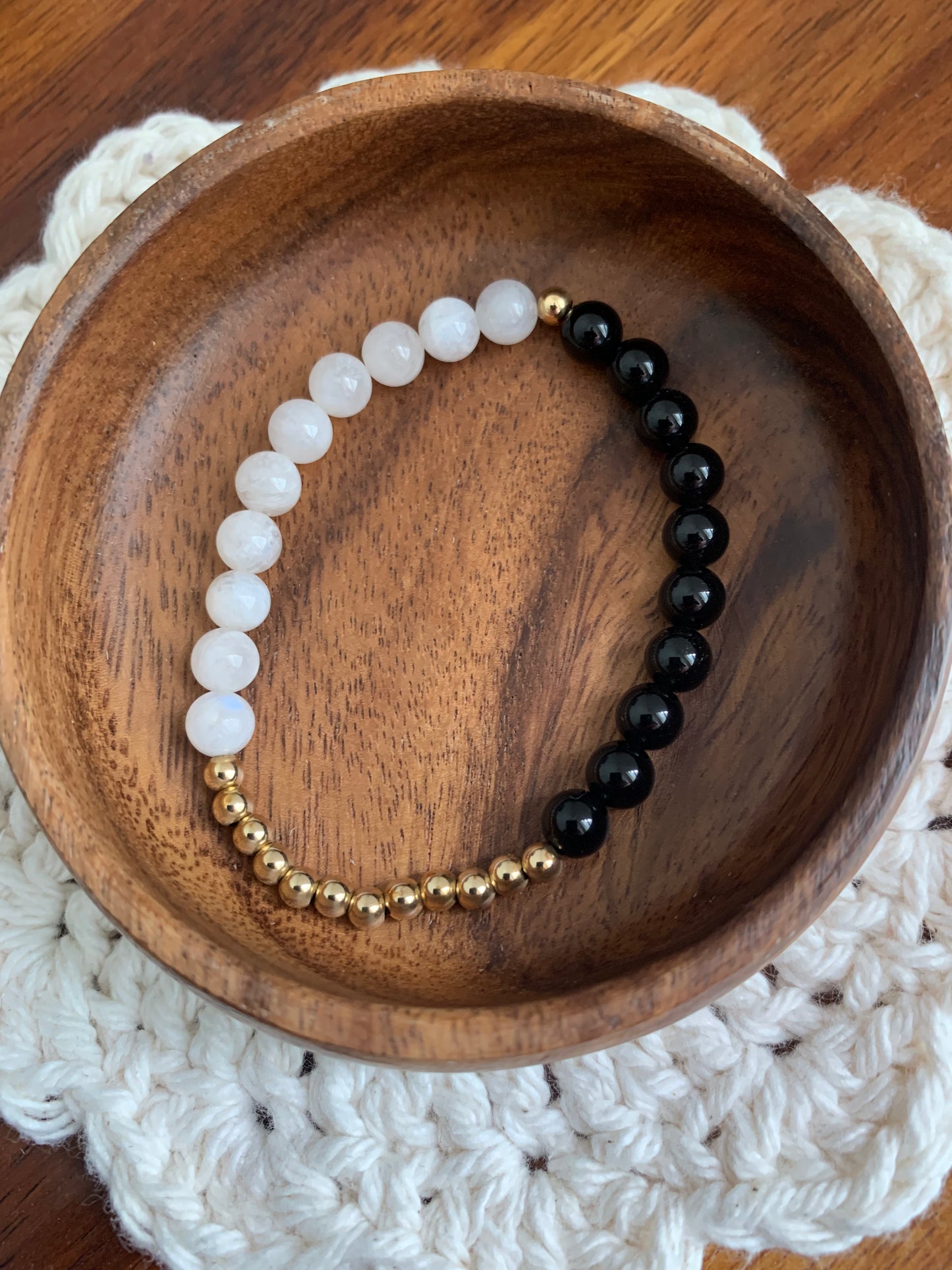 Rainbow Moonstone + Obsidian Bracelet with Gold-Filled Accents