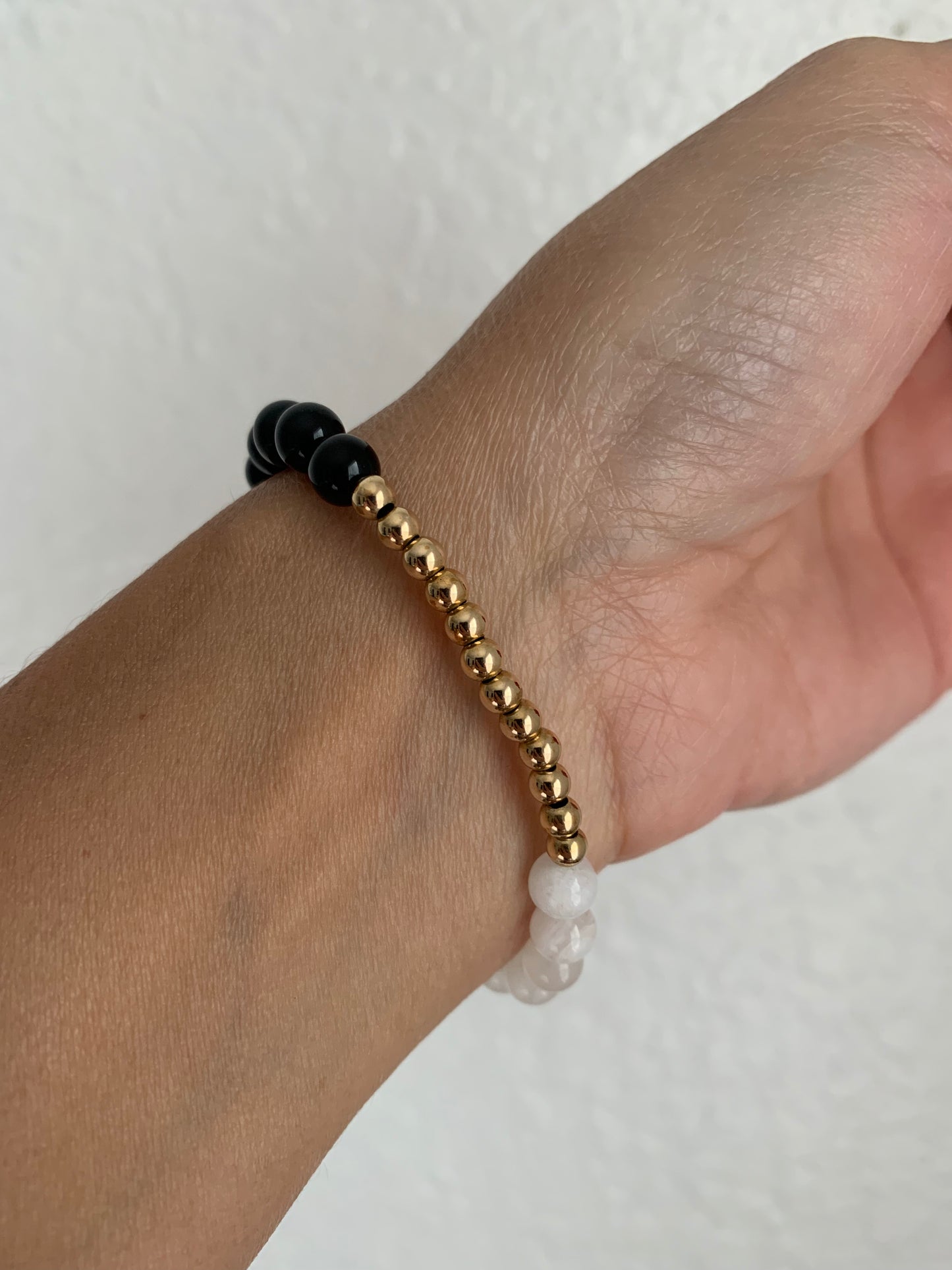 Rainbow Moonstone + Obsidian Bracelet with Gold-Filled Accents